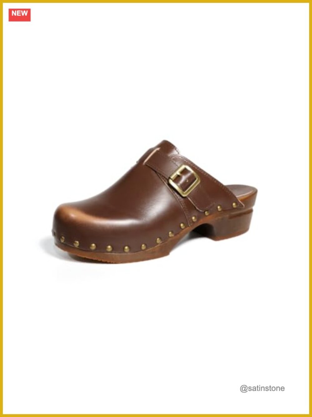 Burnished Leather Clog Mules Studded Wood Heel Slip-On Shoes